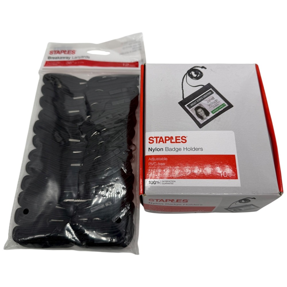 Staples Nylon Badge Holders Adjustable PVC Free 10 QTY & Breakaway Lanyards‎